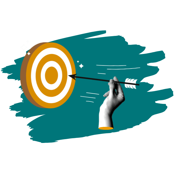 Illustration zu Marketing-Dienstleistungen: Eine Hand wirft einen Pfeil direkt ins Zentrum einer Zielscheibe