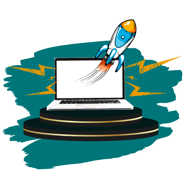 Illustration zu Launch Support: Bühne auf der ein Laptop steht, aus dem eine Rakete in den Himmel startet