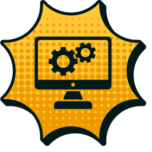 Symbol für Launch Support - technische und operative Umsetzung: Monitor mit Zahnrädern