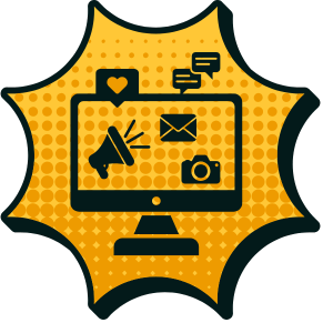 Symbol für Marketing Management: Monitor mit E-Mail-Symbol, Lautsprecher, Kamera, Sprechblasen und Like-Icon