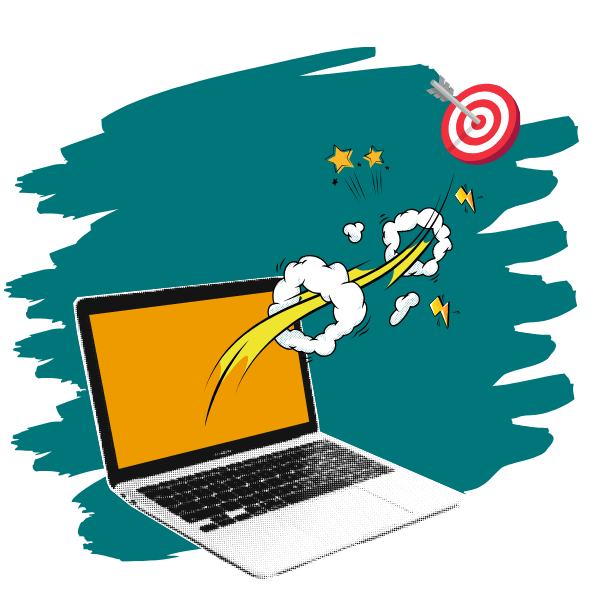 Illustration zu Marketing- und Projektmanagement: Ein Laptop sendet eine dynamische Spur durch Wolken und Sterne bis zu einer Zielscheibe