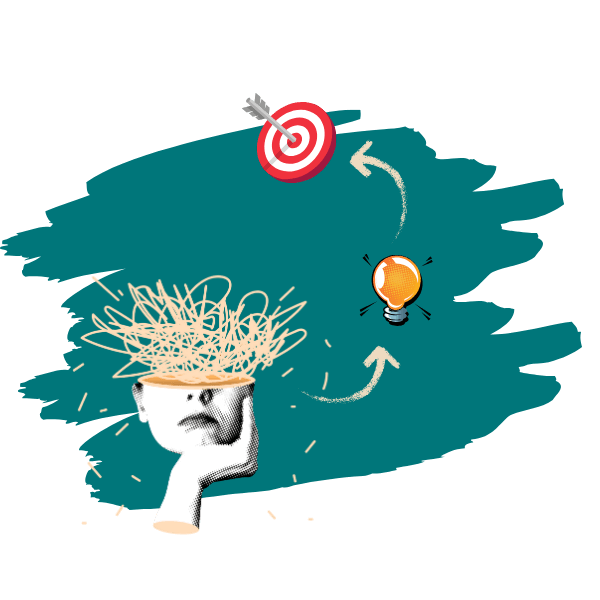 Illustration zu Marketingstrategie: Ein Kopf mit Gedankenknäuel, aus dem sich eine Linie zur Glühbirne und weiter zur Zielscheibe formt