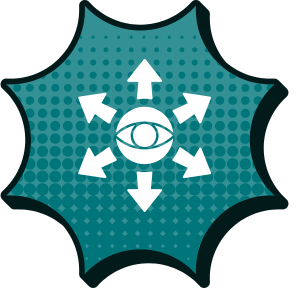 perspektivwechslerin Symbol für Perspektivwechslerin: Auge mit sechs Pfeilen in verschiedene Richtungen