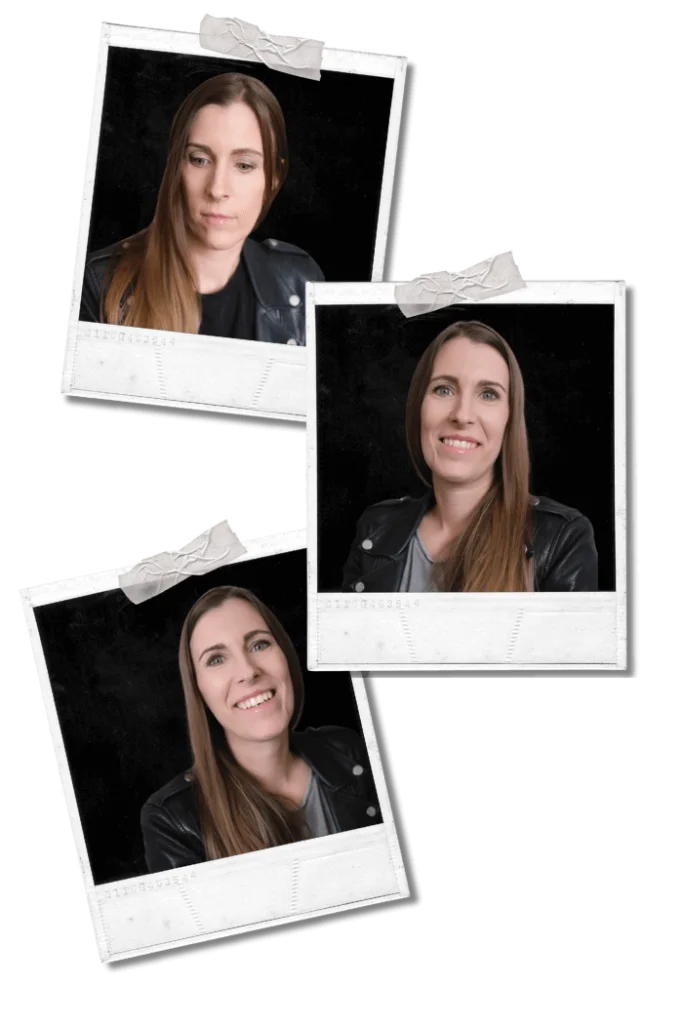 Drei Porträts von Lisa, Gründerin von Rocktopus digital, mit verschiedenen Gesichtsausdrücken – konzentriert, freundlich-neutral und lachend – im Polaroid-Stil mit Tape als Collage übereinander angeordnet