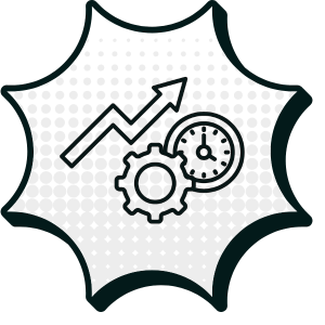 werte effizienz Symbol für Effizienz: Pfeil zeigt nach oben, kombiniert mit Zahnrad und Uhr