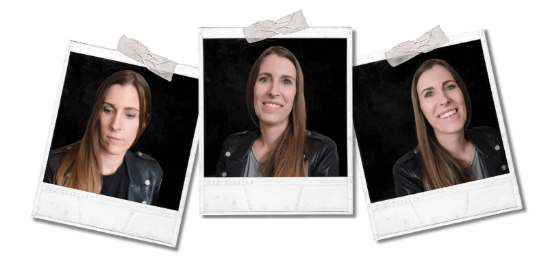 Drei Porträts von Lisa, Gründerin von Rocktopus digital, mit verschiedenen Gesichtsausdrücken – konzentriert, freundlich-neutral und lachend – im Polaroid-Stil mit Tape als Collage nebeneinander angeordnet